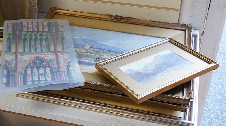 Louis Laurent Raze (1805-1872), Continental views to include Lake Como, one signed and dated 1868, three watercolours, largest 24 x 36cm, together with a print of a stained glass window, map of Montgomery and a 19th cent
